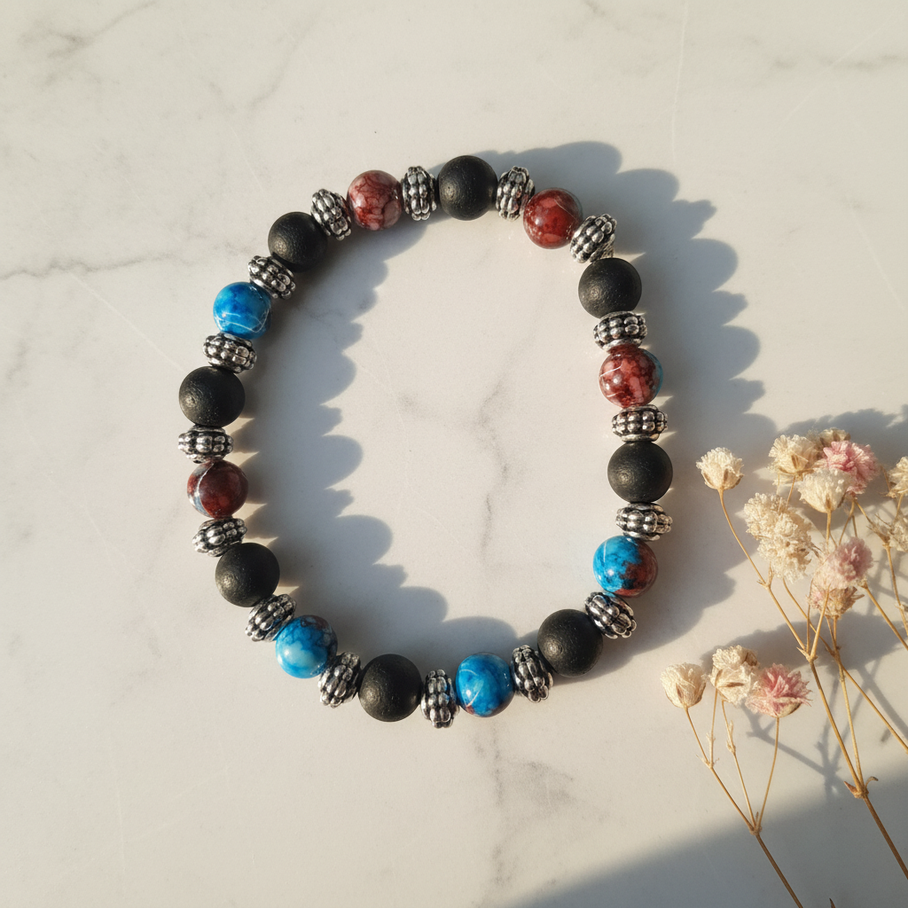 Black lava blue and red marble bead stretch bracelet lifestyle