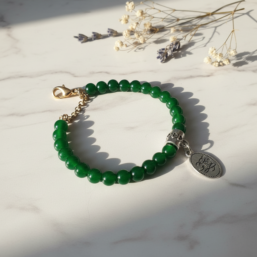 Deep green acrylic bead bracelet with I love you silver charm on marble lifestyle background