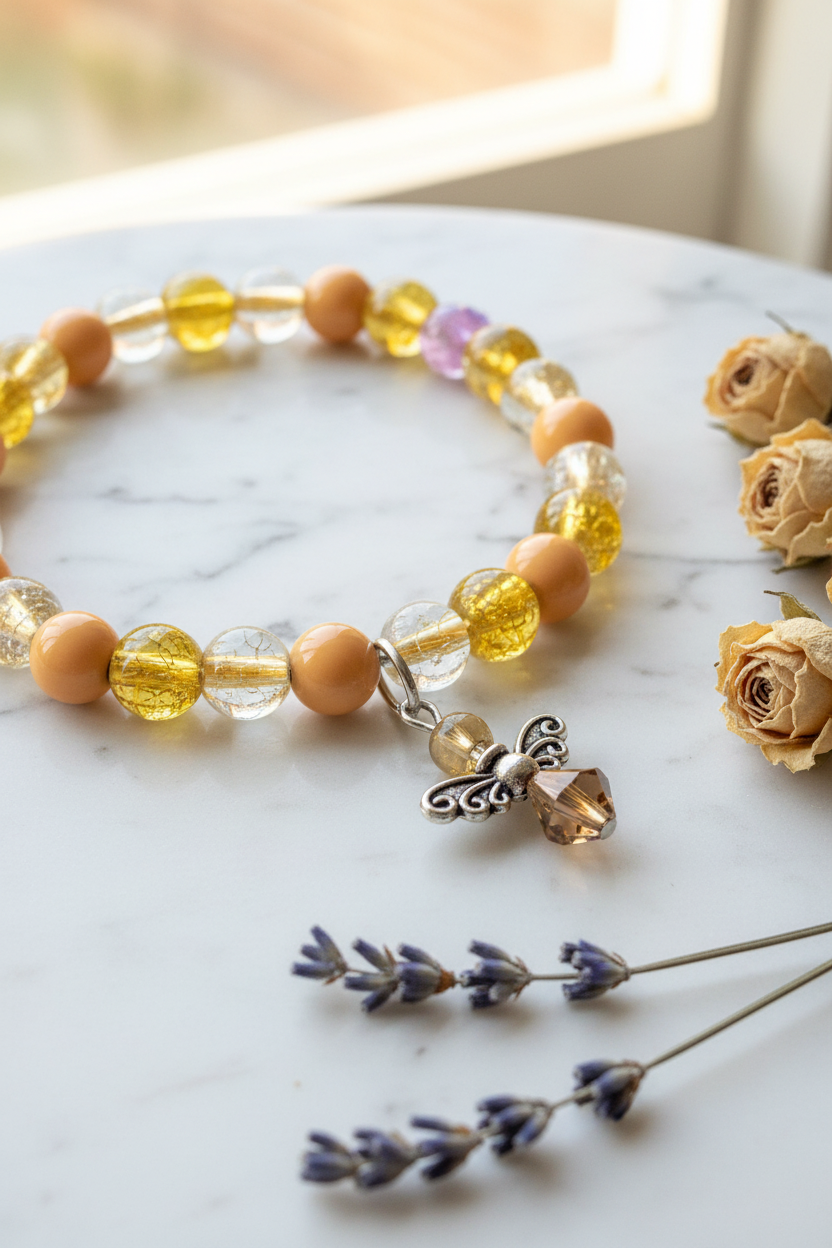 Silver bee charm close-up on peach and yellow crackle glass bracelet on marble background