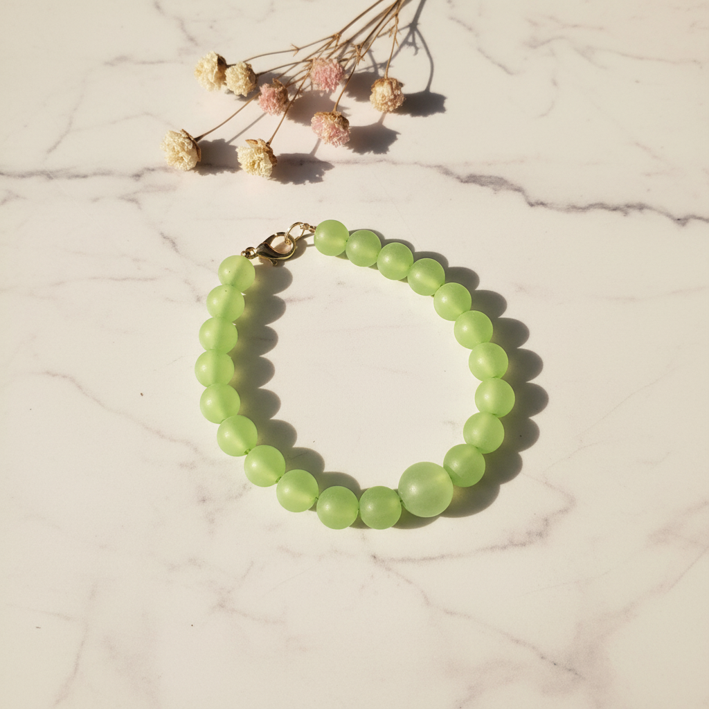 Lime green glass moon bead bracelet lifestyle
