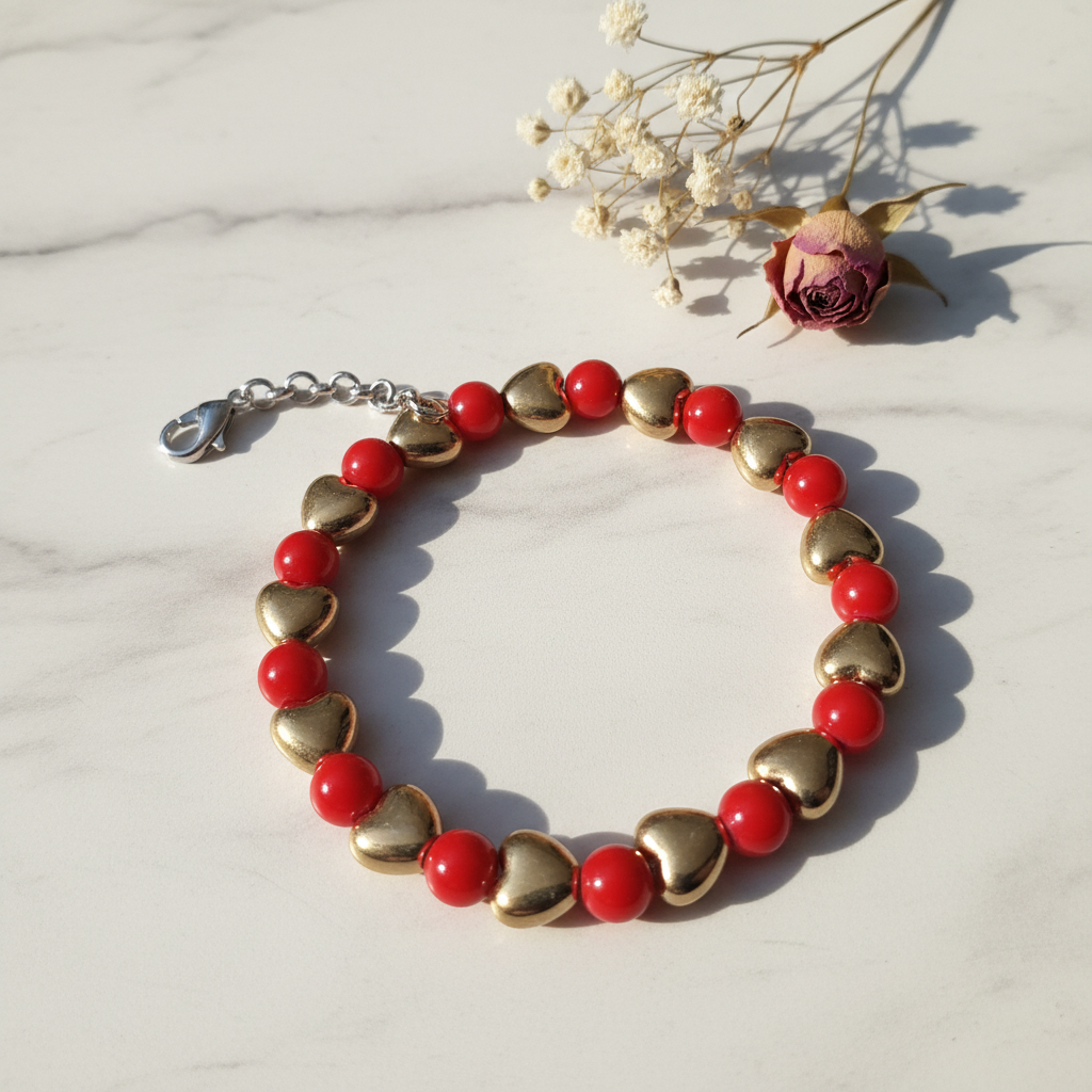 Red and gold heart bead bracelet on marble lifestyle