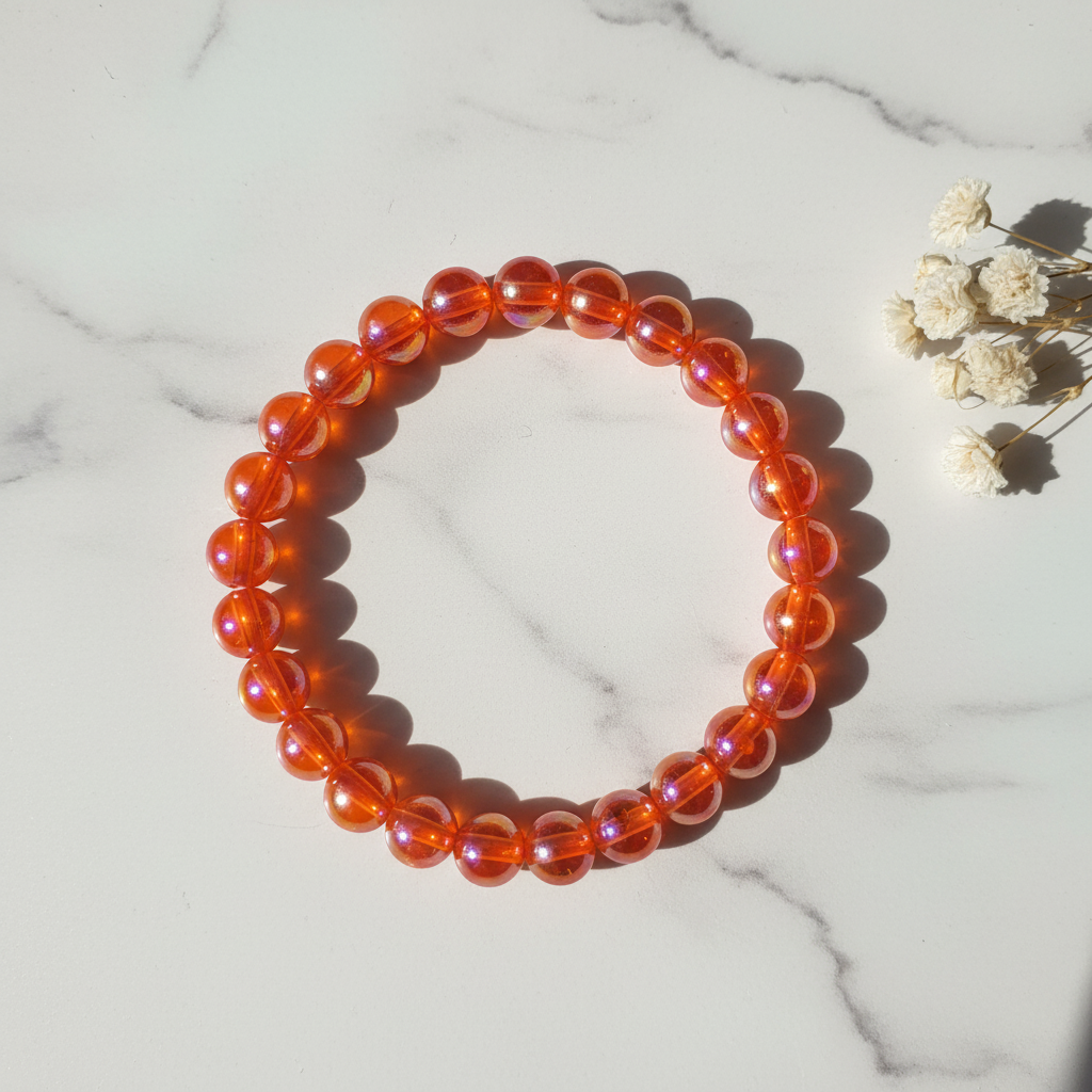 Translucent orange red aurora iridescent bead stretch bracelet lifestyle