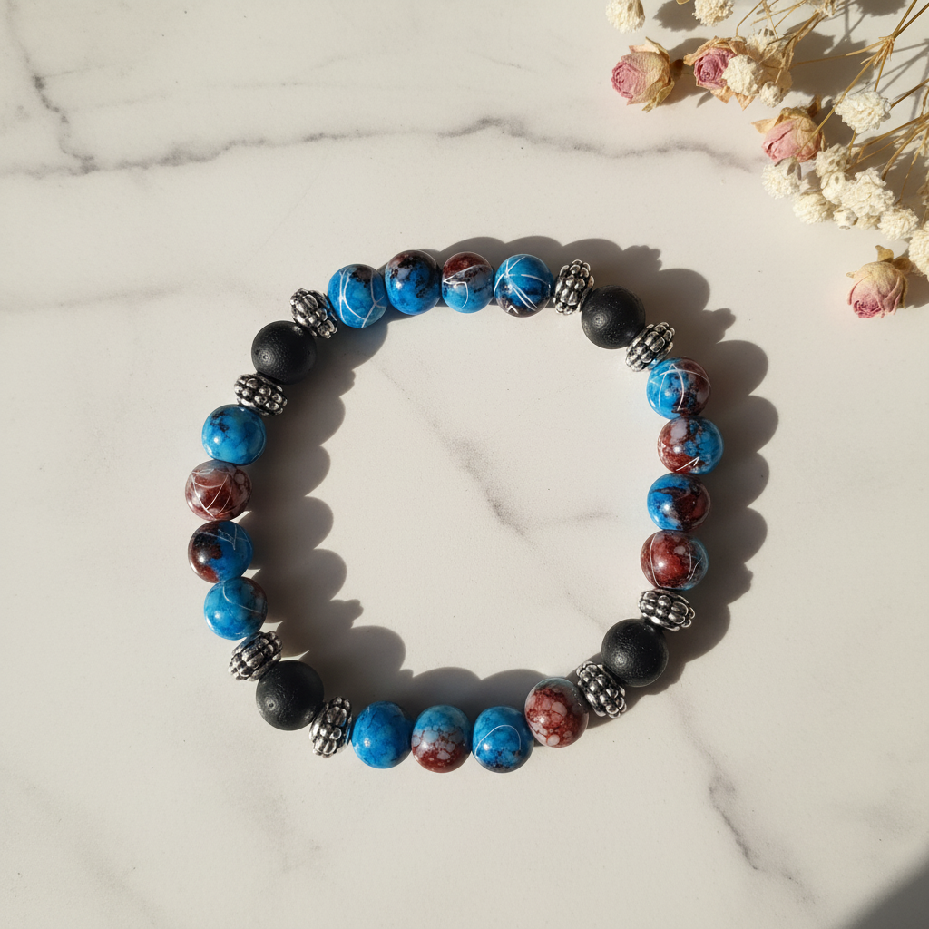 Blue red marble and black lava bead stretch bracelet lifestyle