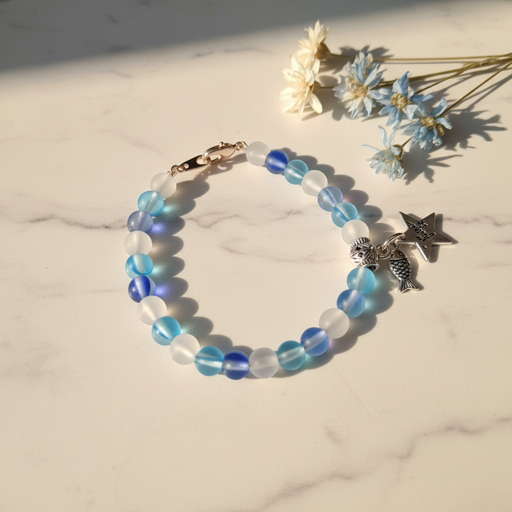 Blue white aurora glow crystal bracelet with star and fish charm lifestyle