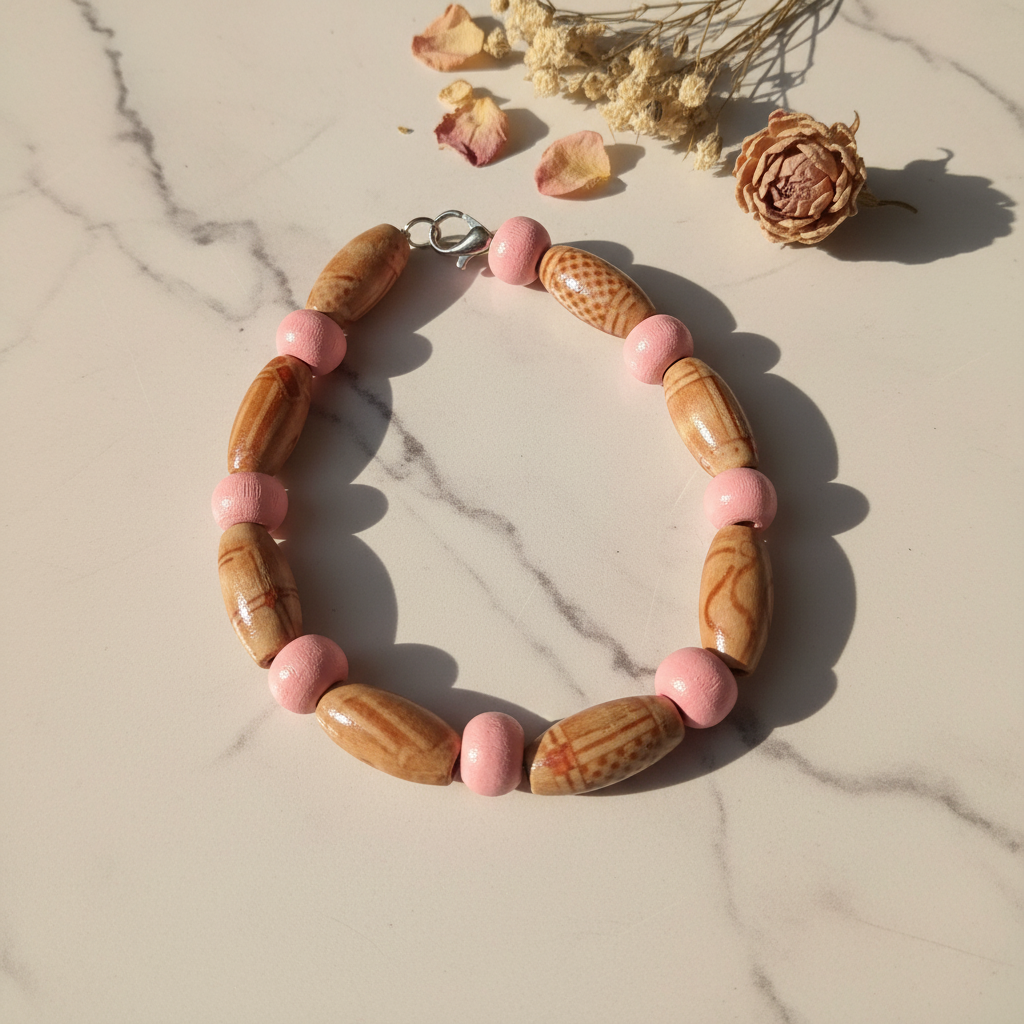 Carved wood barrel and pink ceramic bead bracelet lifestyle