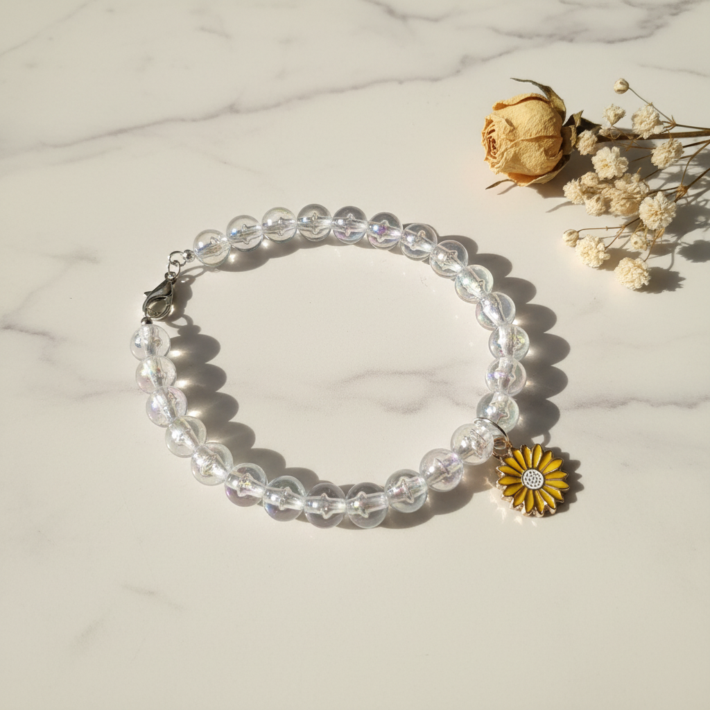 Clear AB aurora bead bracelet with sunflower charm lifestyle