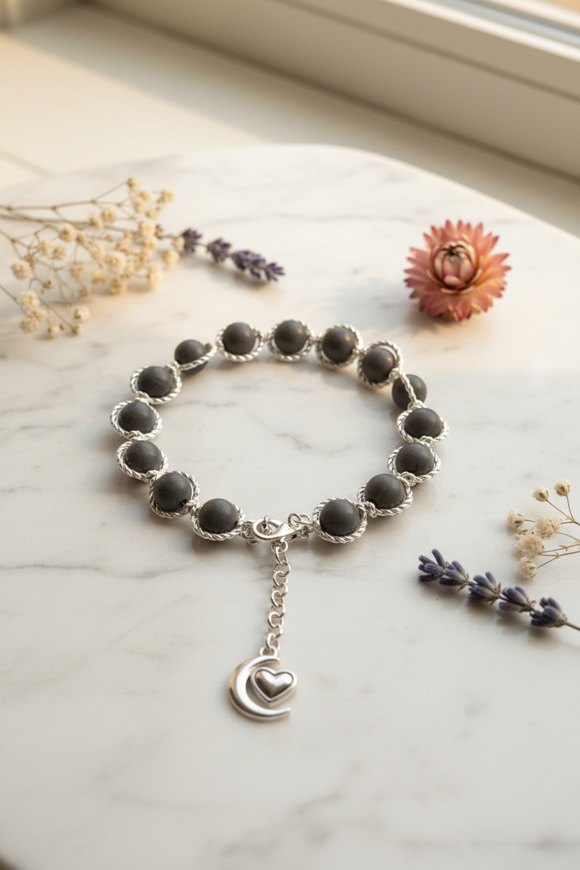 Gray glass moon bead bracelet with moon-heart charm on marble lifestyle background
