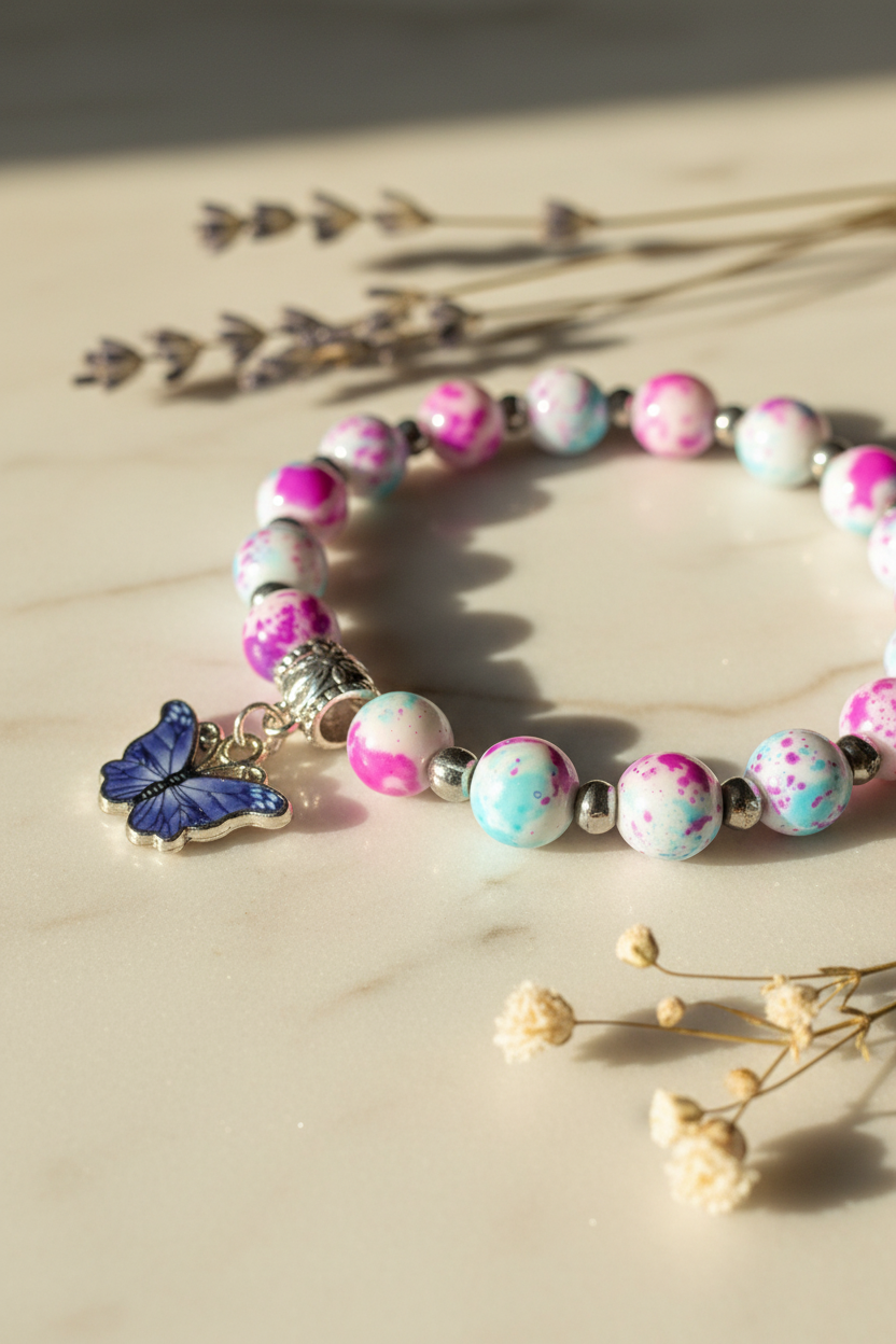 Blue butterfly charm close-up on pink and teal splatter bead bracelet on marble background