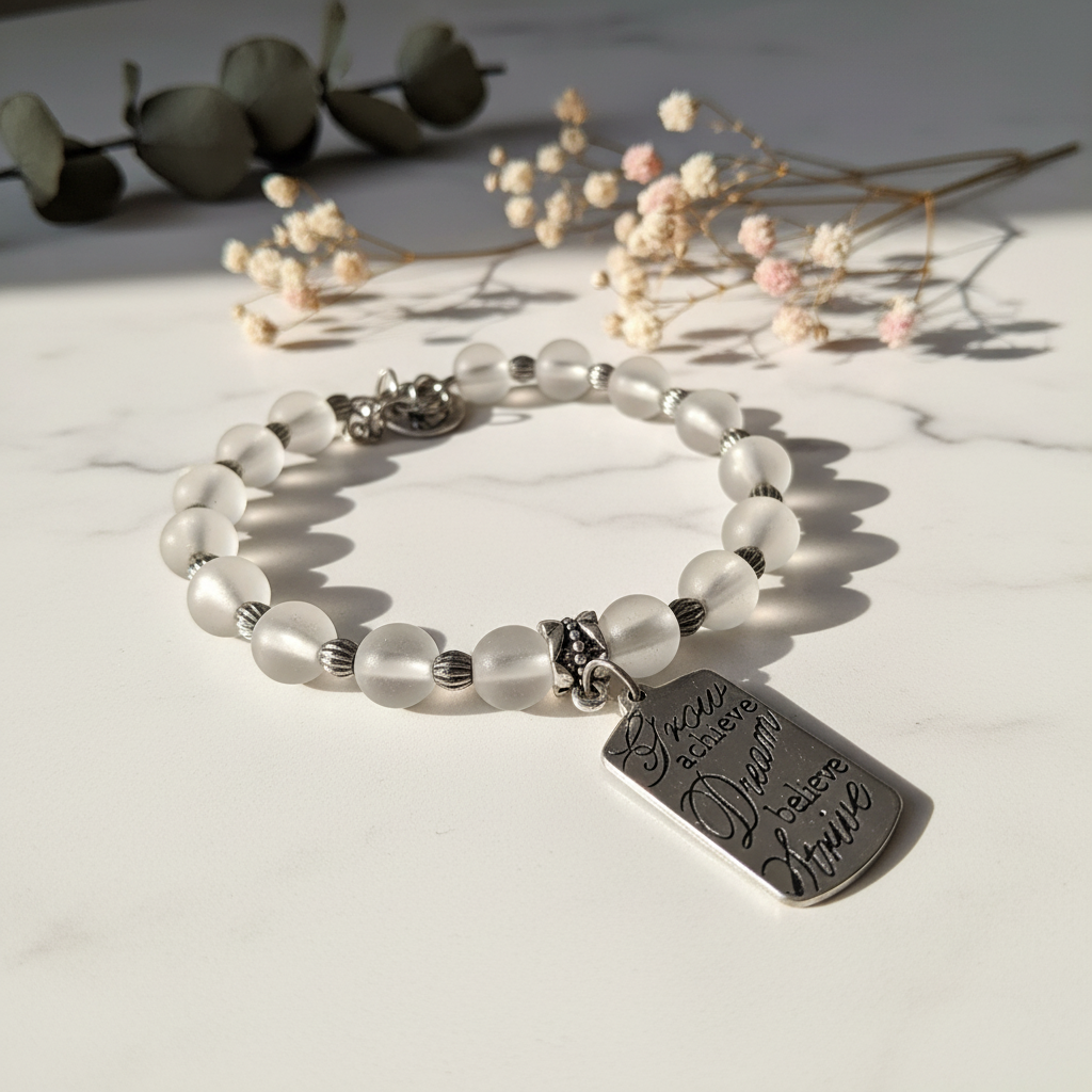 Frosted white glass moon bead bracelet with inspirational silver tag charm on marble lifestyle background