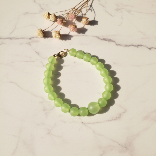Lime green glass moon bead bracelet lifestyle