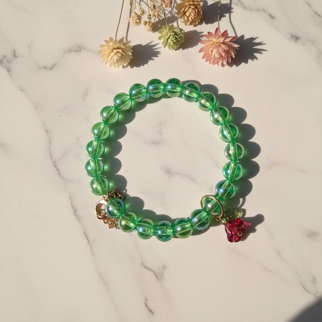 Lime green translucent bead bracelet with red flower charm on marble lifestyle