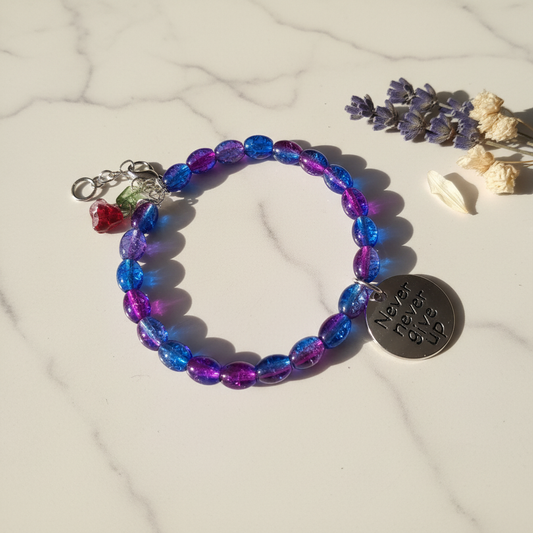 Never never give up blue purple shattered glass bracelet lifestyle