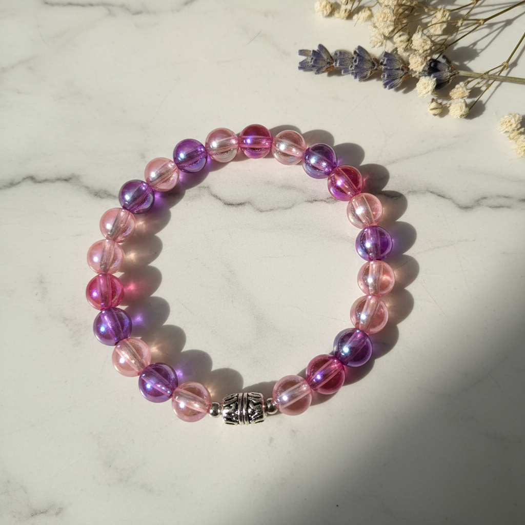 Pink and purple iridescent bead bracelet lifestyle