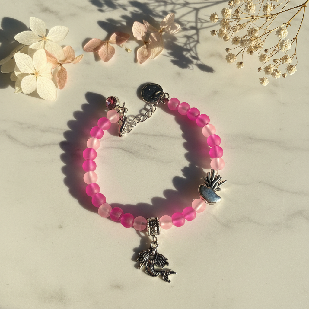 Pink mermaid charm bracelet overhead lifestyle