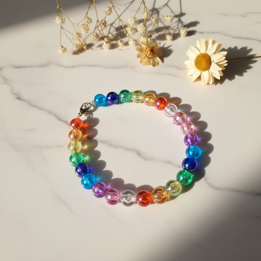 Rainbow multicolor iridescent bead bracelet lifestyle