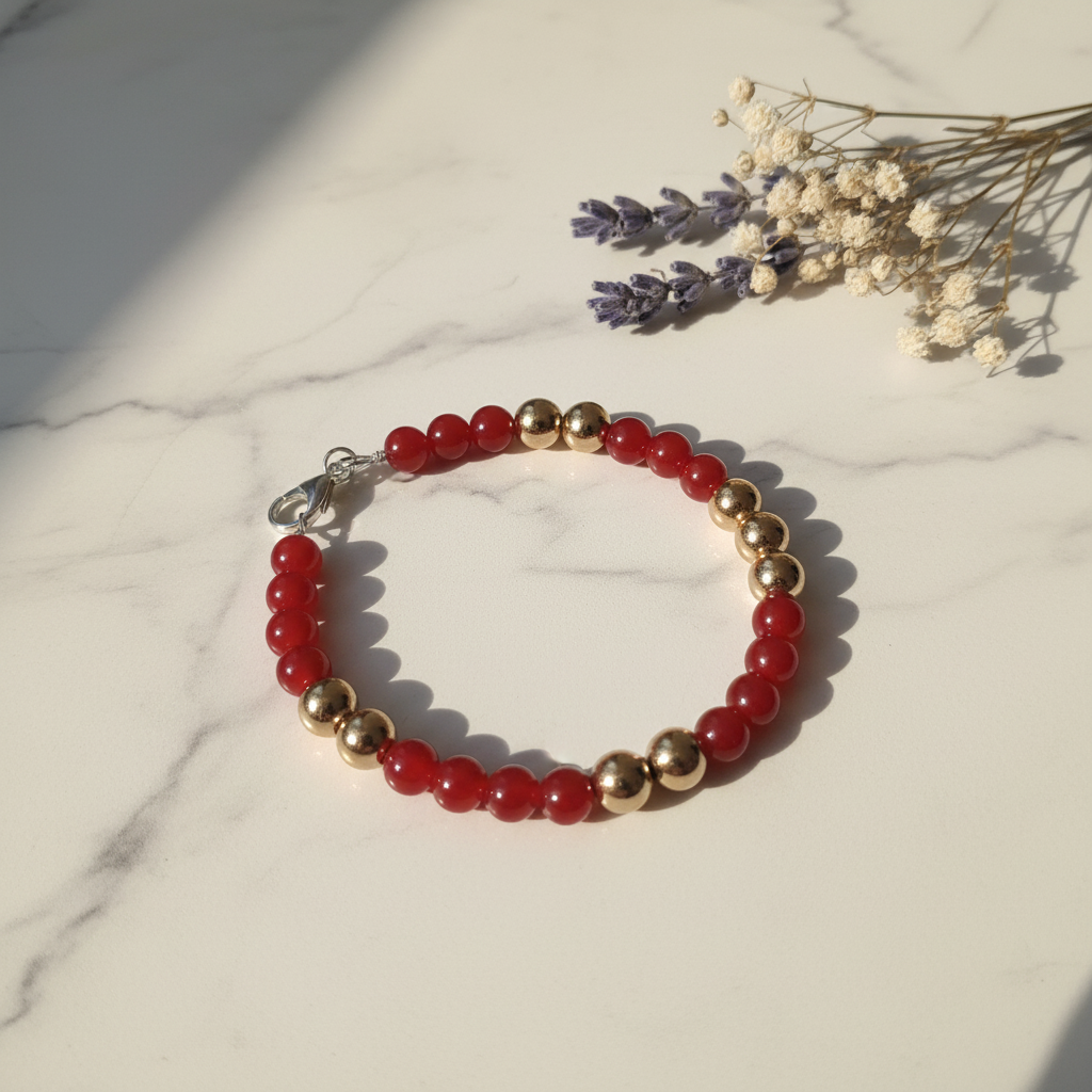 Red acrylic jade-look and gold ball bead bracelet lifestyle