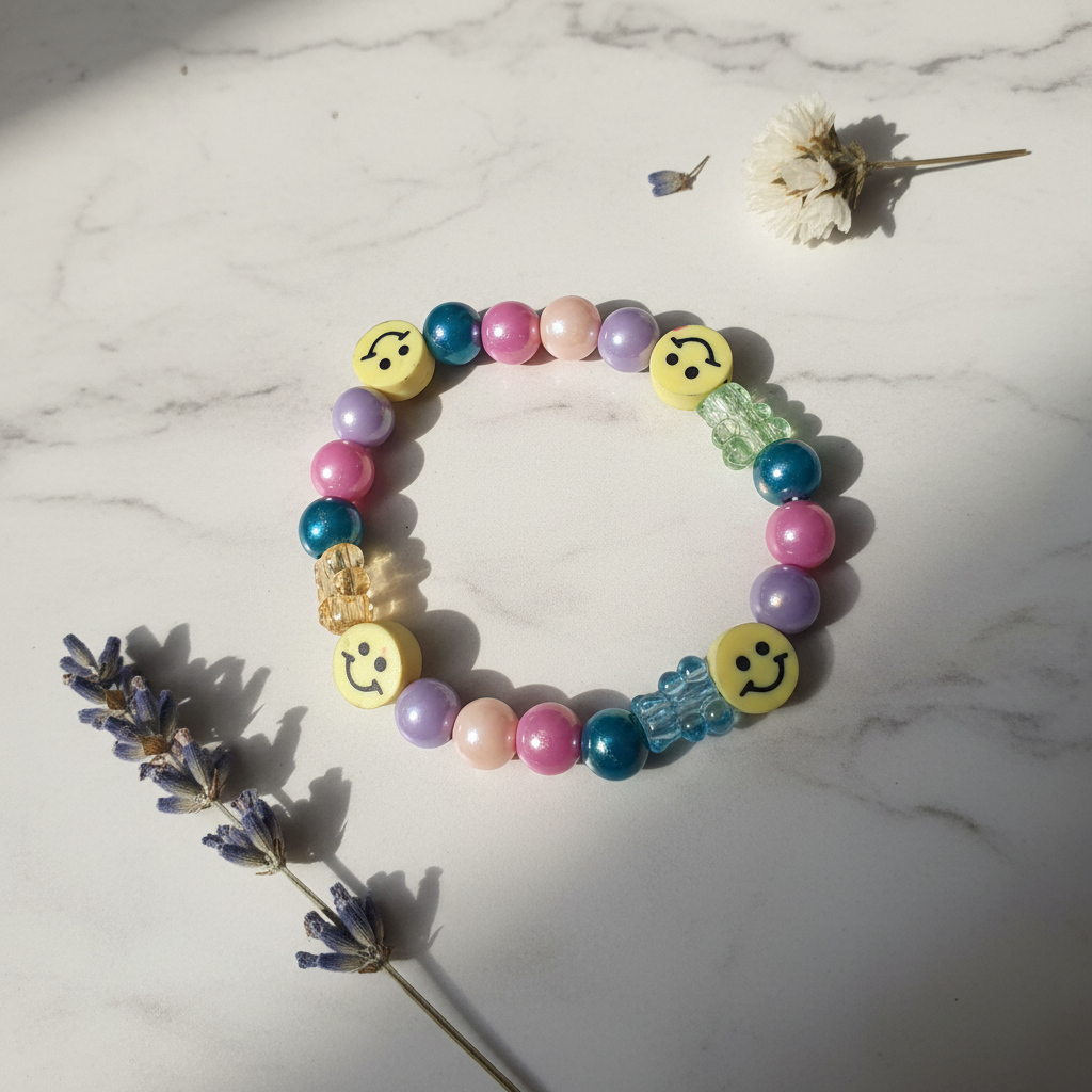 Smiley face and pastel bead child bracelet lifestyle