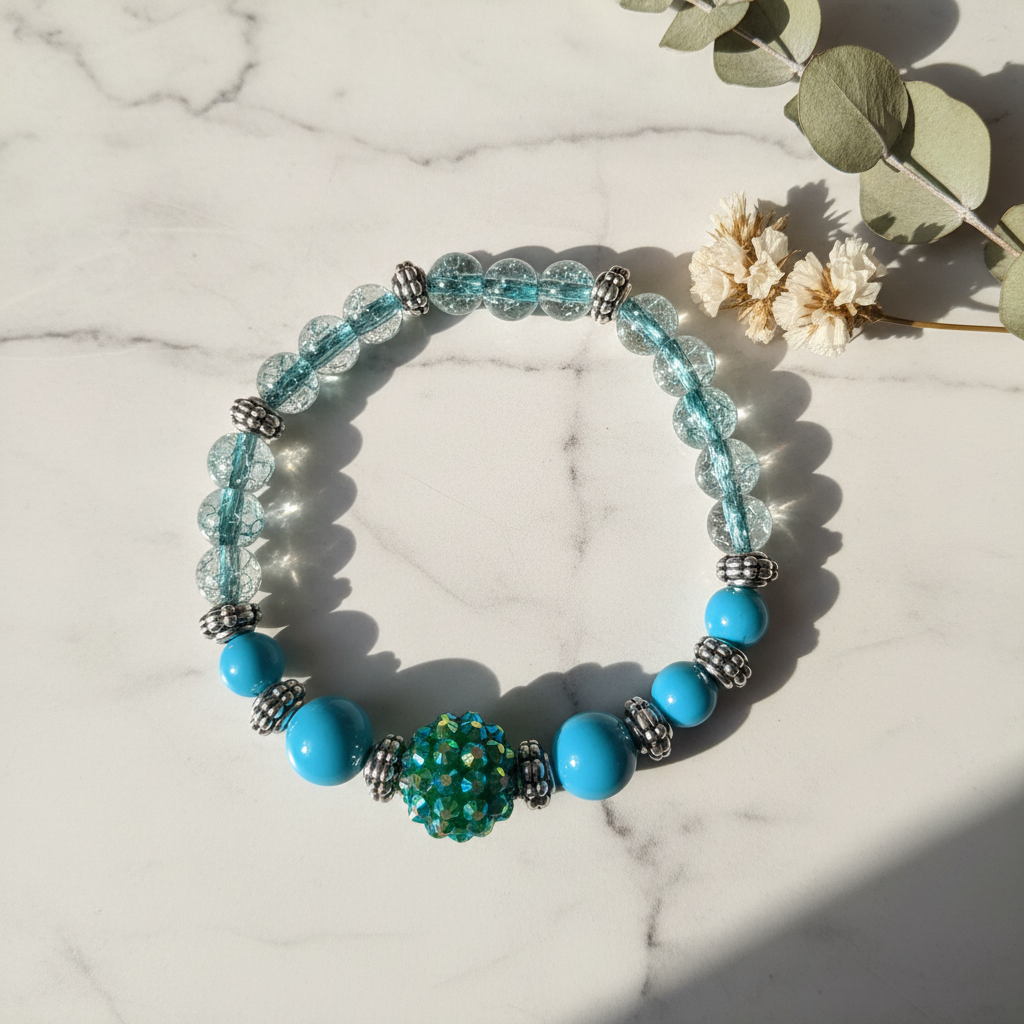Turquoise crackle glass and green disco ball stretch bracelet lifestyle