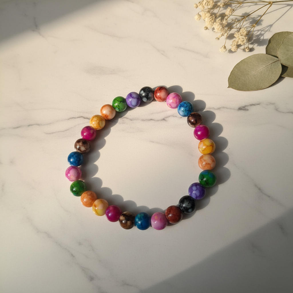Vibrant rainbow multicolor marble bead stretch bracelet lifestyle