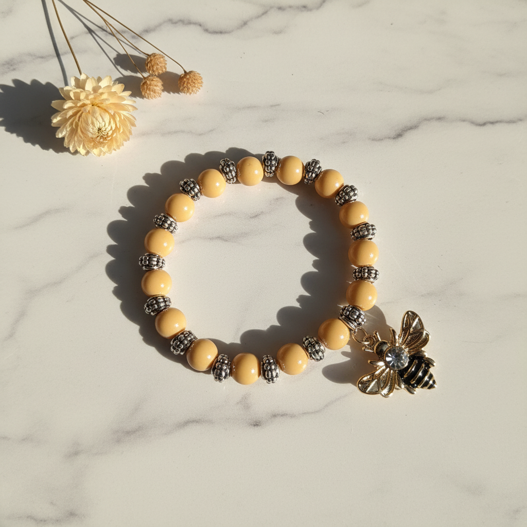 Yellow acrylic bead stretch bracelet with gold bee charm on marble lifestyle